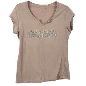 GUESS Rhinestone Logo Tee Y2K Baby Tee McBling Glam Graphic Pink Women Large